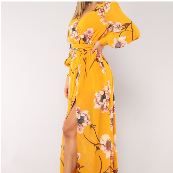 Fashion Nova Dresses Maxi Summer Dress Floral Yellow Long Sleeve